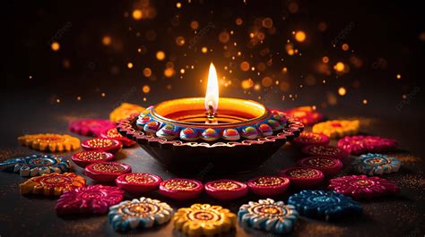 Diwali Diya With Fire Crackers Over Rangoli Background Diwali Rangoli