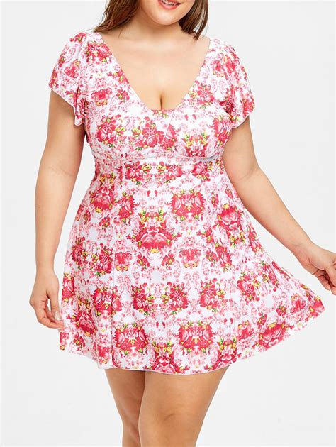 [33% OFF] Plus Size Skirted Floral Print Swimsuit | Rosegal