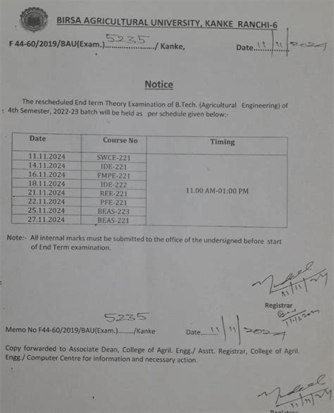 Revised Schedule Of End Term Theory Examination Of B Tech