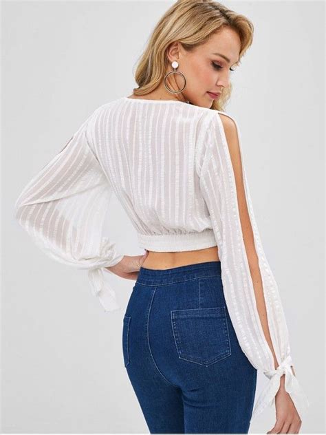 Zaful Split Sleeves Shadow Striped Crop Blouse White Xl Mode Femme