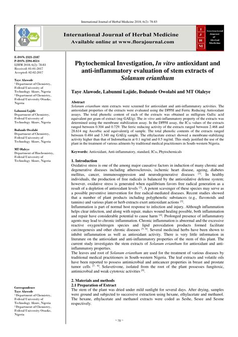 Pdf Phytochemical Investigation In Vitro Antioxidant And Anti