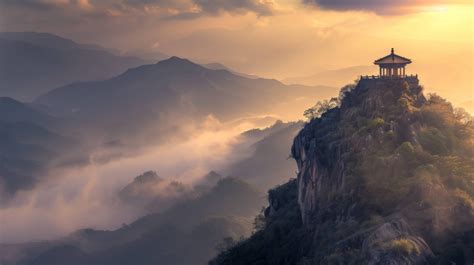 Breathtaking Sunrise over Misty Mountains with Ancient Pavilion