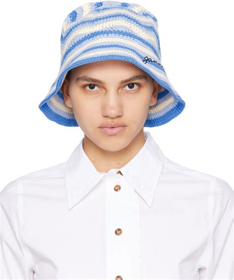 Blue Off White Embroidered Bucket Hat By GANNI On Sale