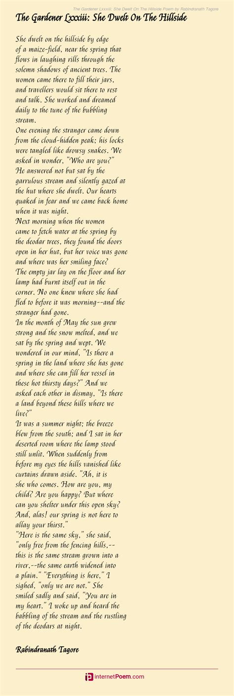 The Gardener Lxxxiii: She Dwelt On The Hillside Poem by Rabindranath Tagore