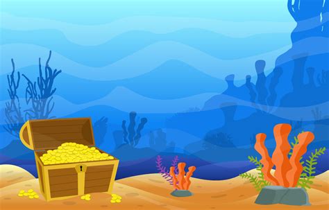 Underwater Scene With Treasure Chest Anchor And Coral Reef