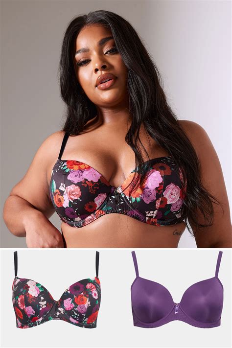 Yours 2 Pack Plus Size Black And Purple Floral Print Padded T Shirt Bras