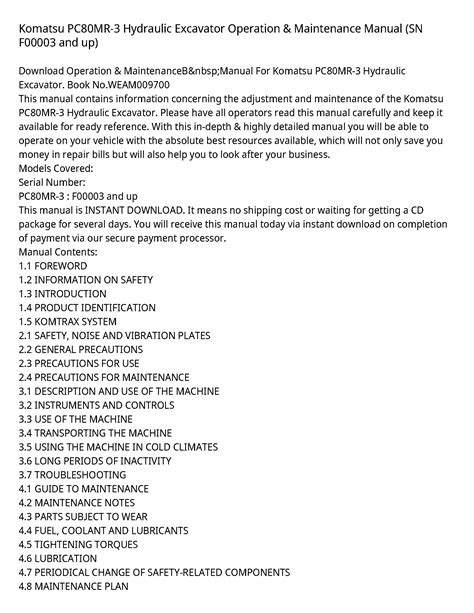 Komatsu Manuals Komatsu Pc80mr 3 Hydraulic Excavator Operation And Maintenance Manual Sn F00003