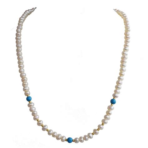 Single Line Blue Turquoise Real Pearl And Gold Plated Ball Necklace