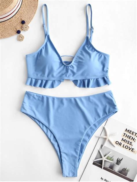 31 OFF 2021 ZAFUL Lace Up Ruffle High Leg Bikini Swimsuit In DAY SKY