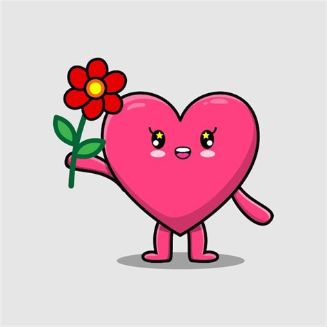 Premium Vector Cute Cartoon Lovely Heart Holding Red Flower