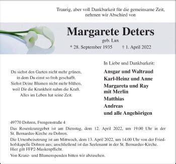 Traueranzeigen Von Margarete Deters Noz Trauerportal