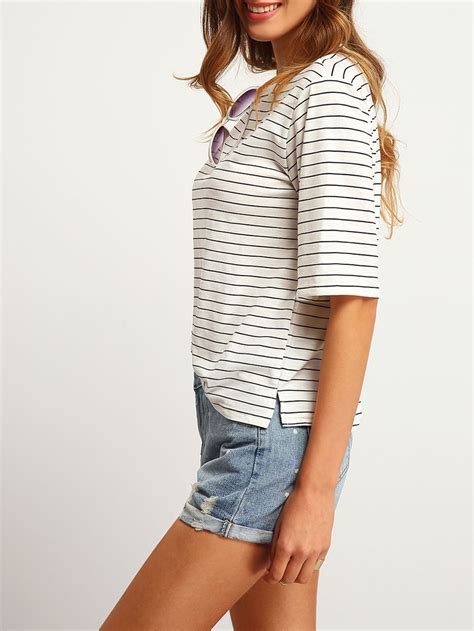 Elbow Sleeve Striped Loose T Shirt SheIn Sheinside