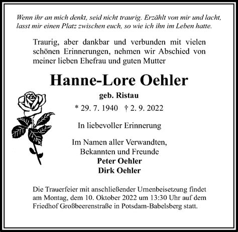 Traueranzeigen Von Hanne Lore Oehler Trauer Anzeigen De