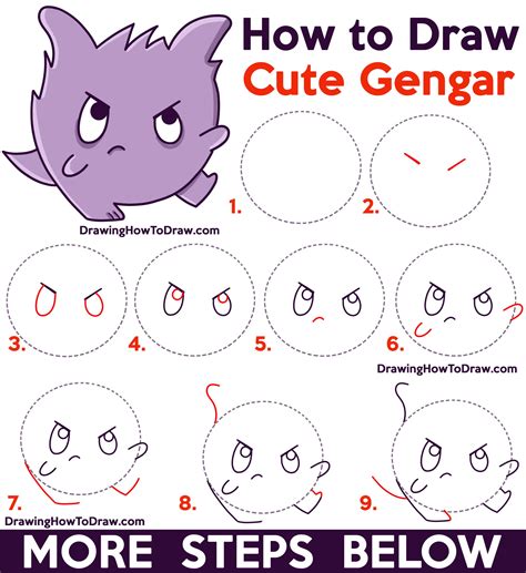 How to Draw a Cute / Kawaii / Chibi Gengar from Pokemon Easy Step by Step Drawing Tutorial for ...