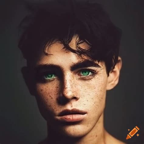 Young Man Green Eyes Tanned Skin Freckles Black Hair On Craiyon