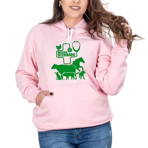 Blusa Moletom Medicina Veterinária Feminino Rosa Capuz e Bolso