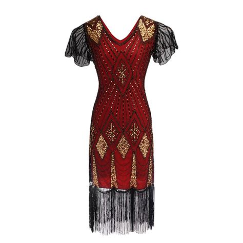 Bouanq Women's Cocktail Dress Flapper Dress Sequin Beaded Dress Long