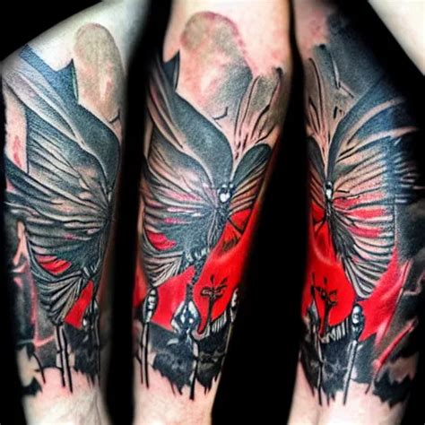 Tattoo Of Mothman Flying Through A Forest Spooky Red Stable