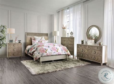 Jakarta Antique White And Beige Upholstered Panel Bedroom Set From