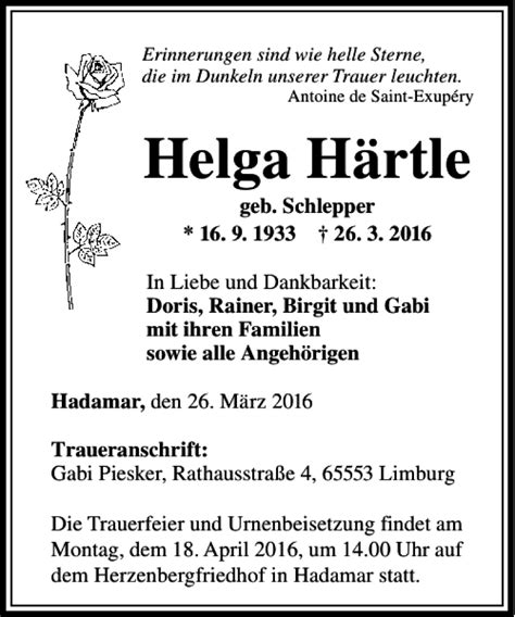 Traueranzeigen von Helga Härtle trauer rheinmain de