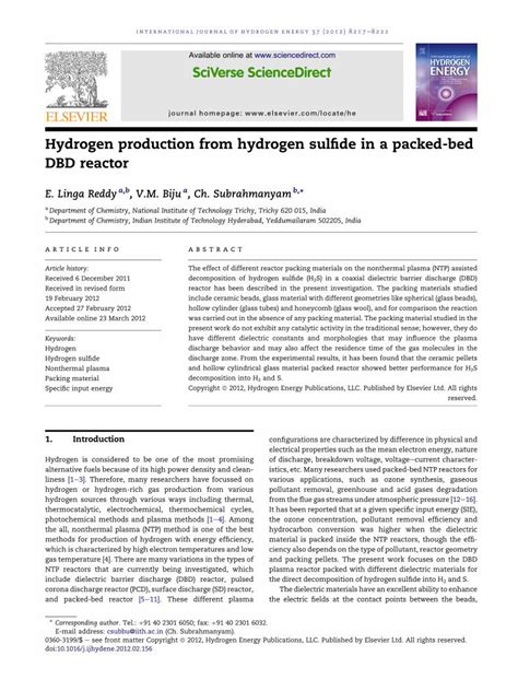 Pdf Hydrogen Production From Hydrogen Sulfide In A Packed Bed Dbd