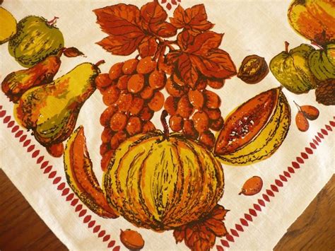 Vintage Tablecloth Linen Fruit Leaves Gold Orange Brown Rust Green Mcm 49x64 Ebay Fall