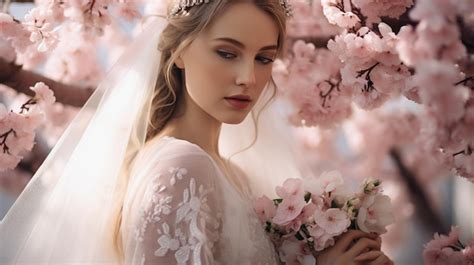 Premium Photo Woman In Wedding Dress Holding Bouquet Of Flowers