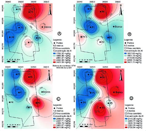 Cartogramas das concentrações de alumínio nas profundidades de A 0 0