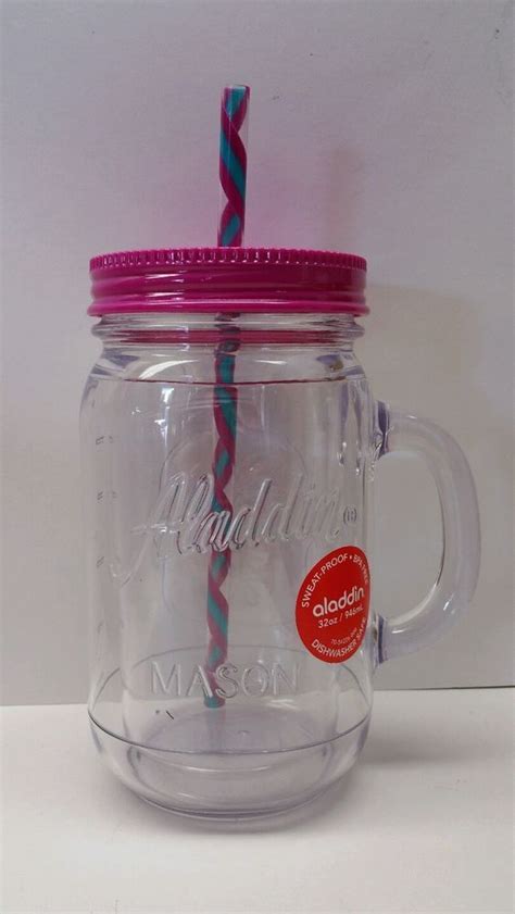 Aladdin 32 Oz Mason Jar Double Walled Bpa Free Sweat Proof Pink Lid With Straw Mason Jars