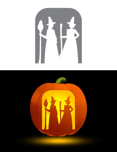 Printable Two Witches With Brooms Pumpkin Stencil