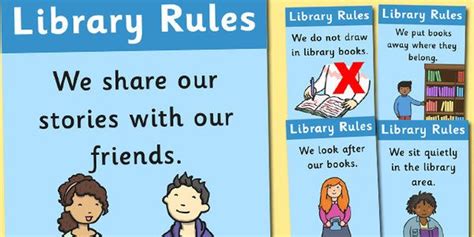 Library Rules Display Posters Illustrations Library Rules Library Classroom Rules