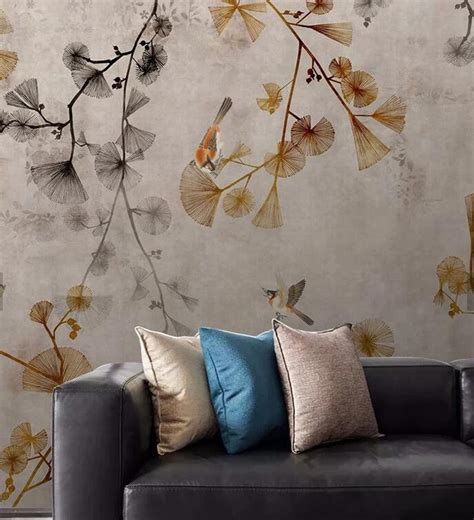 D Ginkgo Leaf Wallpaper Bird Wall Mural Branch Wall Decor Etsy