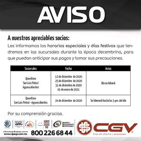 AVISO Días Festivos Caja CGV