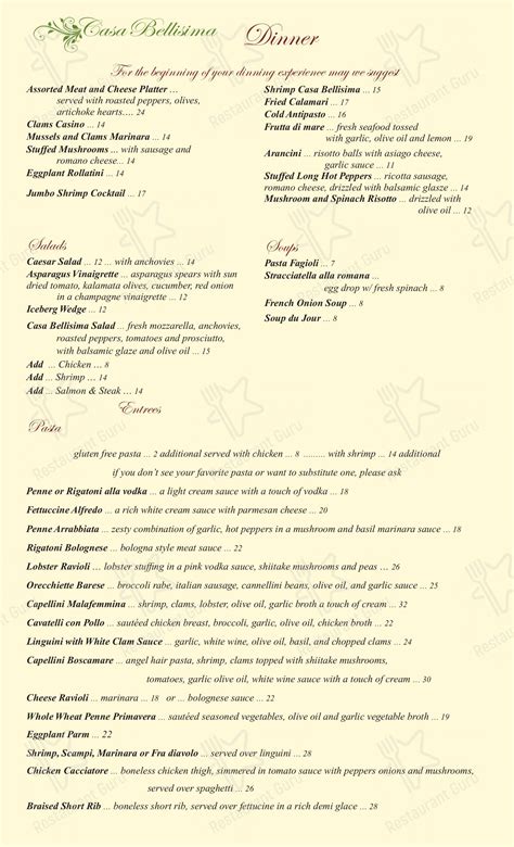 Menu At Casa Bellisima Restaurant Andover Township