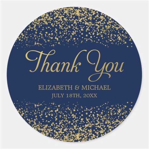 Navy Blue Faux Gold Glitter Wedding Thank You Classic Round Sticker