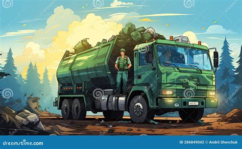 Cartoon Illustration of a Man Standing in Front of a Garbage Truck ...