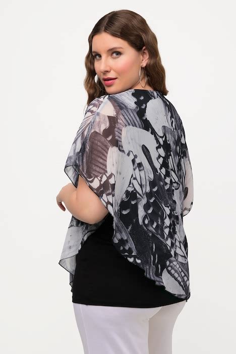 Sheer Butterfly Print Layered Blouse Black Ulla Popken