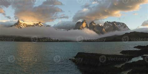 Sunrise Over Cuernos Del Paine Torres Del Paine National Park And Lake