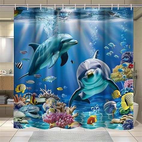 Ocean Life Shower Curtain Vibrant Blue Colorful Sea Creatures Dolphins