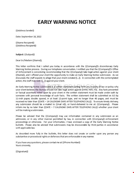 Early Warning Notice Template