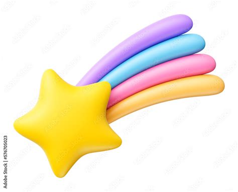 Cute Cartoon Shooting Star With Rainbow Tail D Icon Isolated On