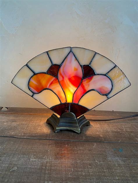 Vintage Stained Glass Fan Lamp Tabletop Night Light Art Deco Etsy In