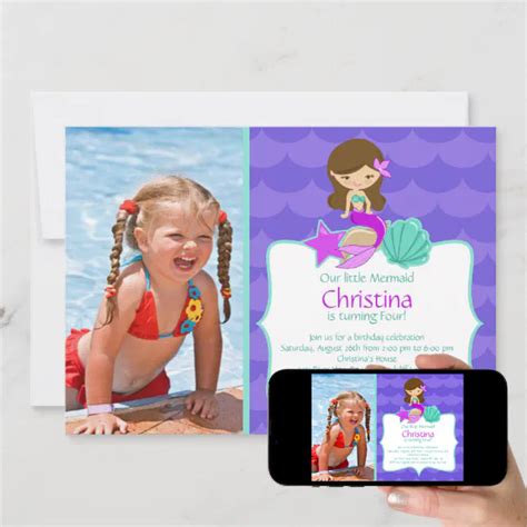 Cute Brunette Mermaid Photo Birthday Invitation Zazzle