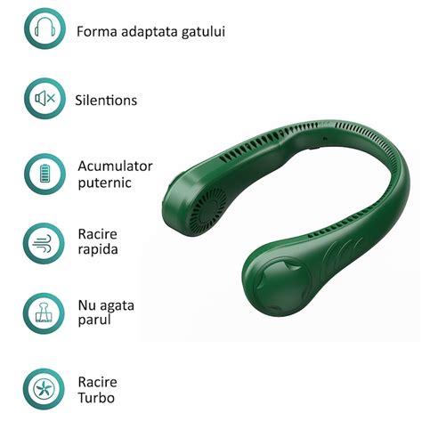 Преносим вентилатор за врат, зелен, USB акумулатор, 3 скорости - eMAG.bg
