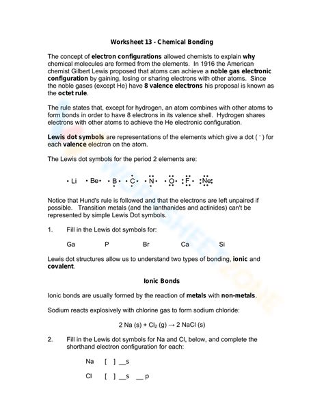 Chemical Bonding Worksheet