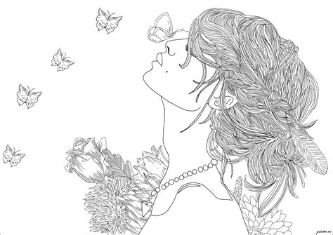 Woman in profile with flowers and butterflies - Anti stress Adult ...