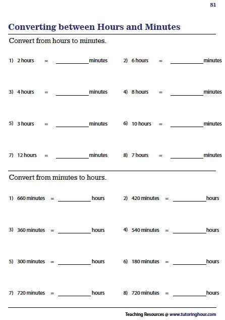 Conversion Between Hours And Minutes Worksheets