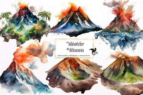 Watercolor Volcanoes Clipart Volcano Lava Png Format Instant Download