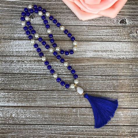 Royal Blue And White Tassel Necklace Home Team Collection Bijoux Necklaces Diy Jewellery