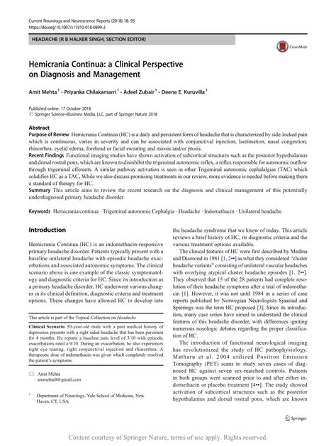 Hemicrania Continua: a Clinical Perspective on Diagnosis and Management